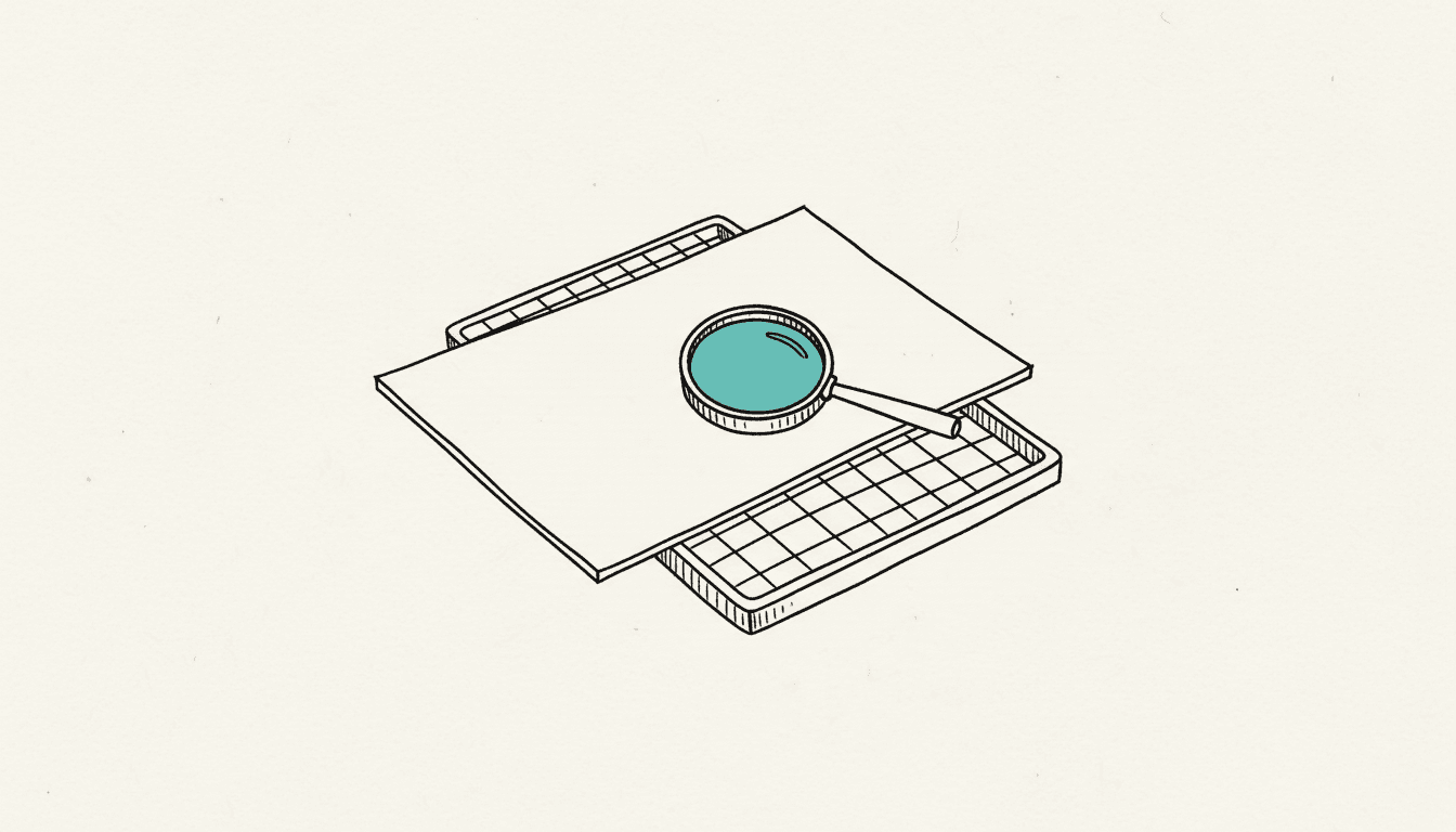 Croquis dessiné à la main : une facture passe à travers un tamis, surmontée d'une loupe dont la lentille est remplie de turquoise.