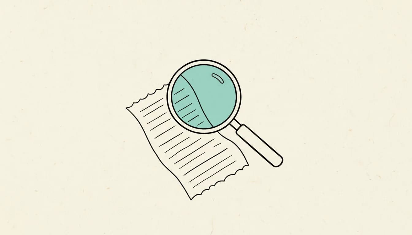 Hand-drawn sketch: a magnifying glass hovers over a receipt with scan lines, the magnifying glass is colored teal.