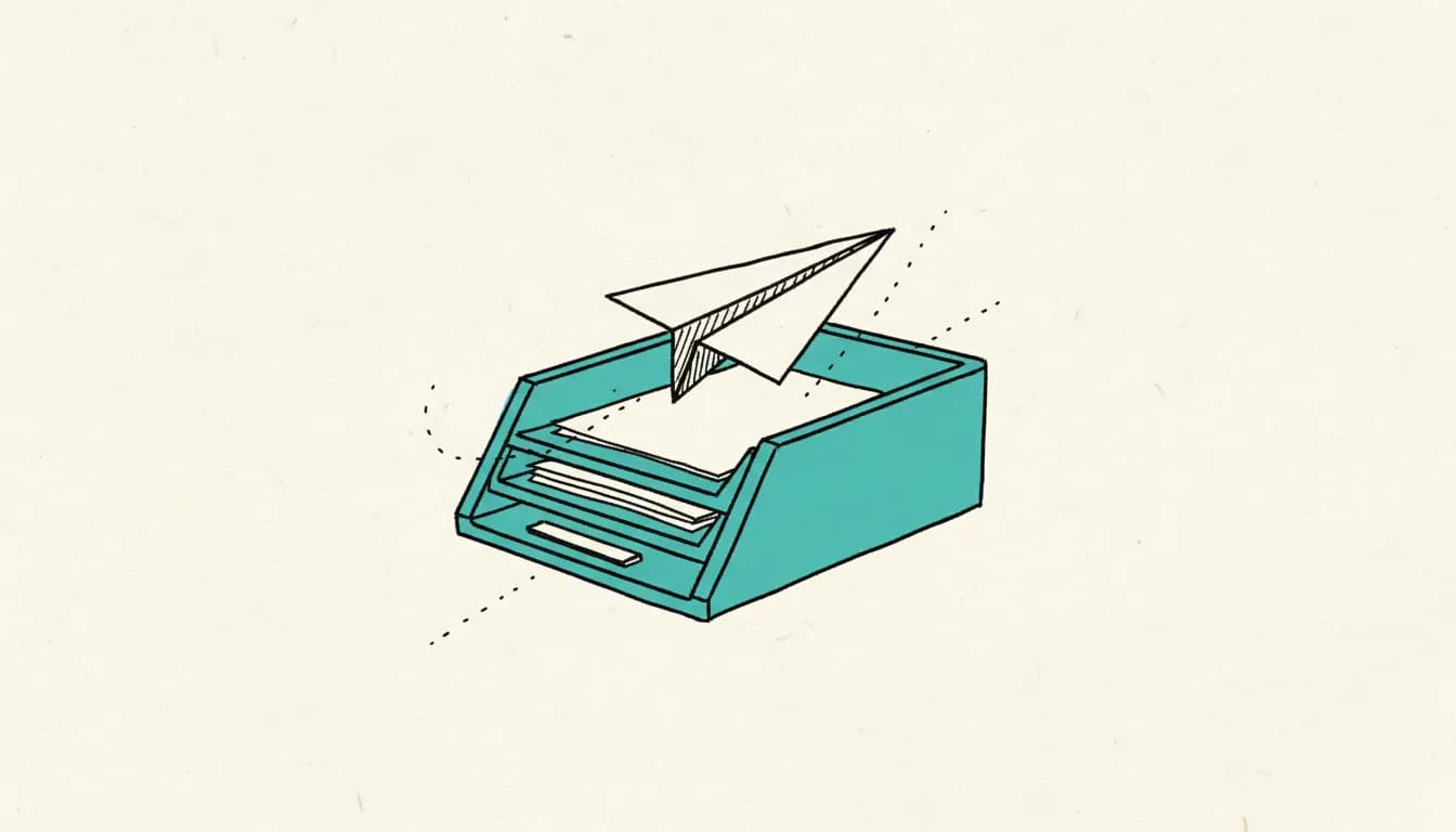 Hand-drawn sketch: a paper airplane flying into an open filing tray