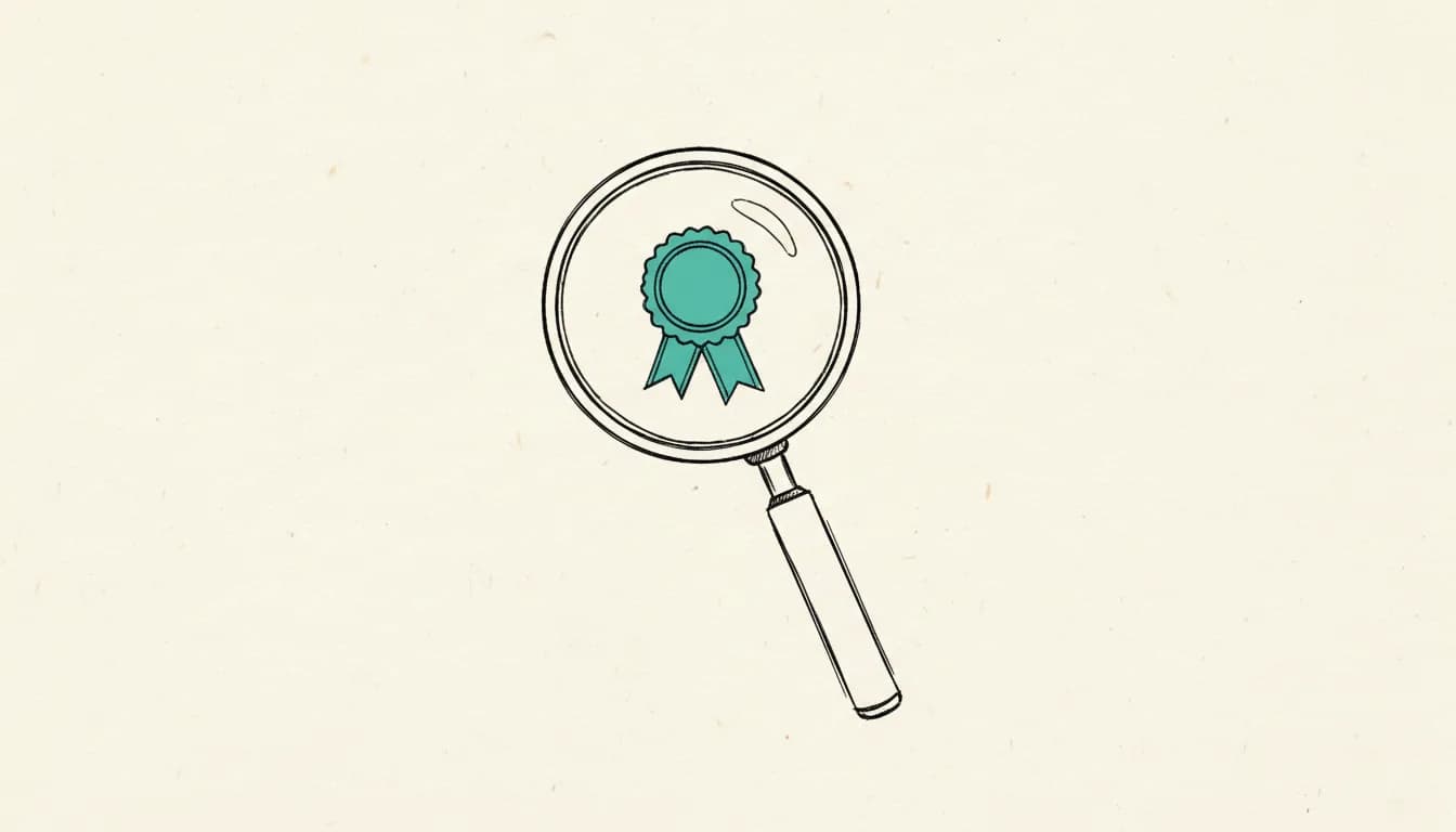 Hand-drawn sketch: a magnifying glass examining a small ribbon badge in teal