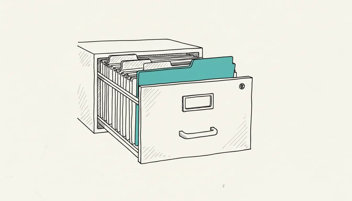 Croquis dessiné à la main : un tiroir de classeur ouvert plein de dossiers, l'un des dossiers est à moitié sorti et coloré en turquoise.