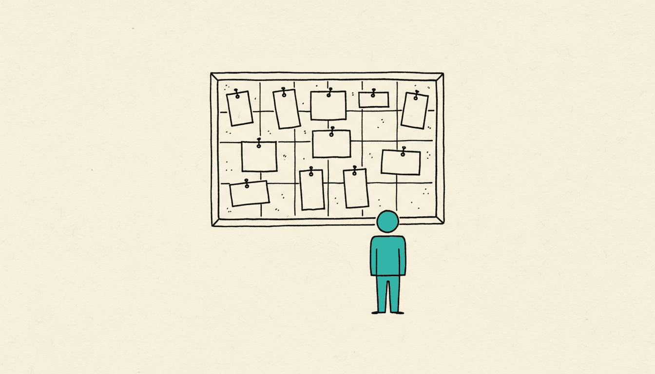 Hand-drawn sketch: a noticeboard full of empty job vacancy slips with a single sought-after worker standing in front, the worker figure filled in teal.