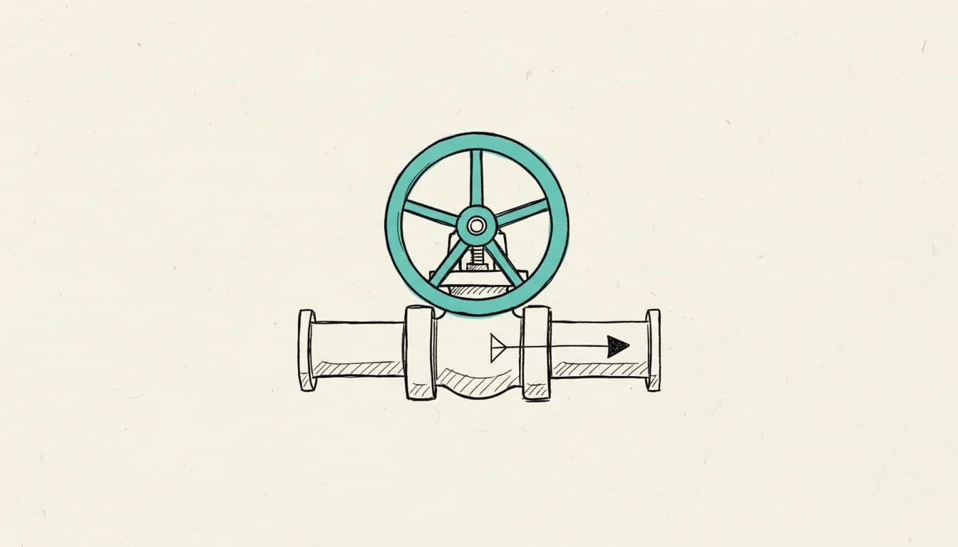 Croquis dessiné à la main : une roue de vanne sur un tuyau, colorée en turquoise, contrôlant si le liquide peut s'écouler.
