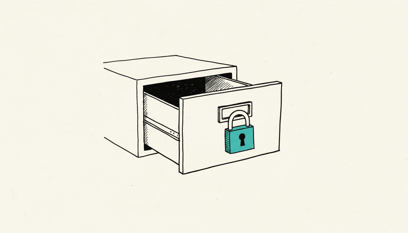 Croquis dessiné à la main : un tiroir de classeur avec un seul cadenas