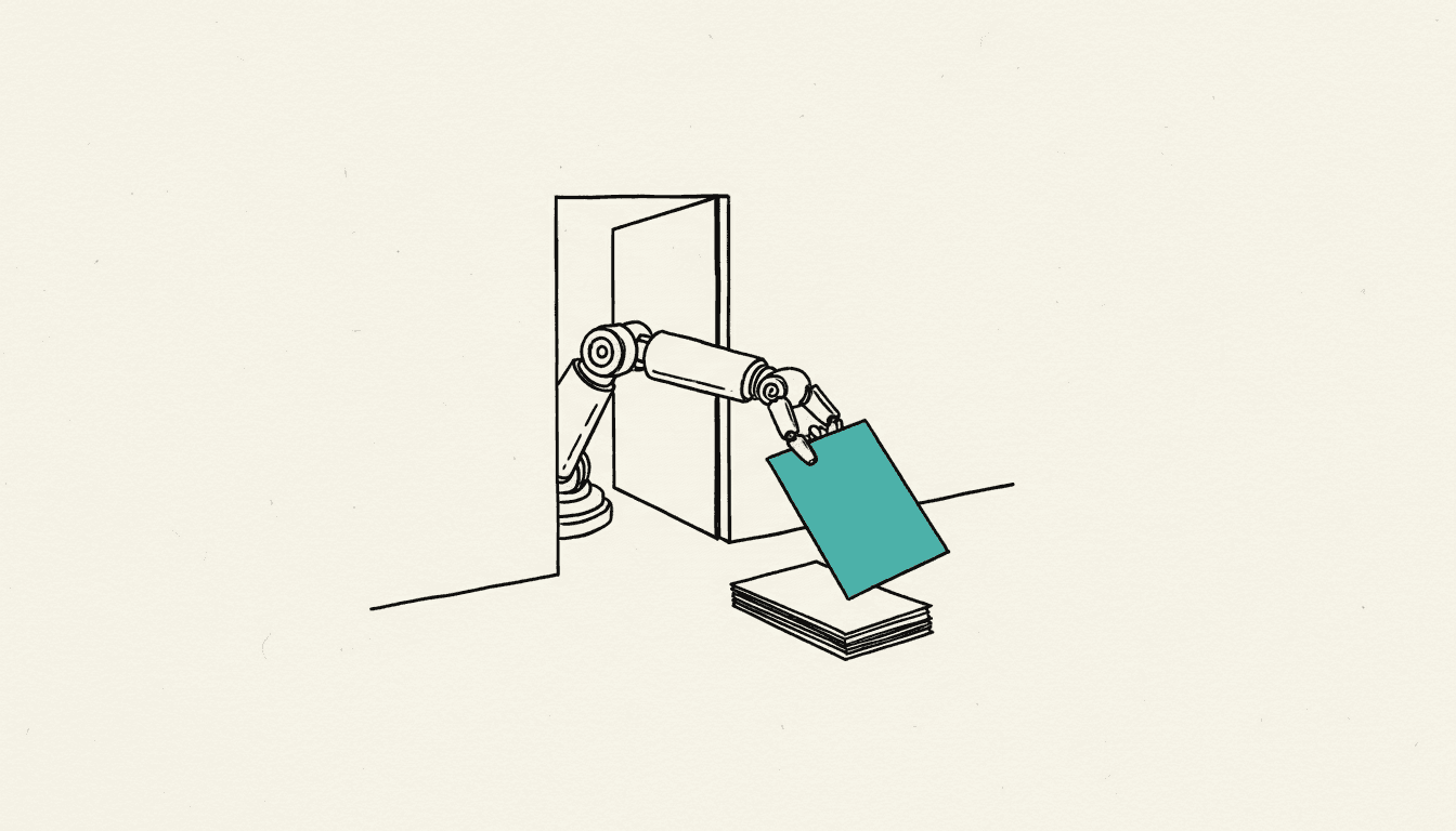 Handgezeichnete Skizze: Ein Roboterarm greift durch eine Tür in einer Wand und legt ein einzelnes Dokumentenblatt auf einen Stapel auf der anderen Seite, das Blatt in der Roboterhand ist türkis hervorgehoben.