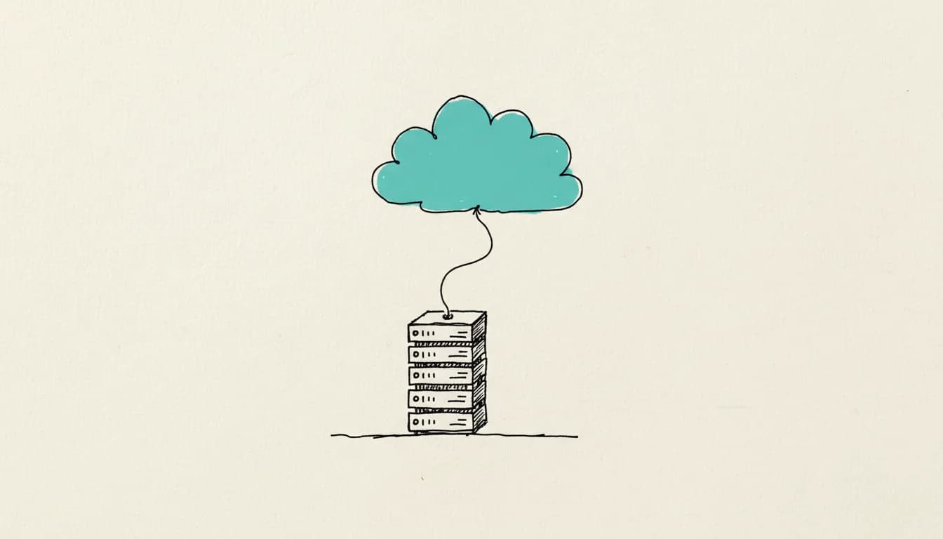 Handgezeichnete Skizze: ein Serverschrank ist über eine Linie mit einer Wolke verbunden, die Wolke ist teal eingefärbt