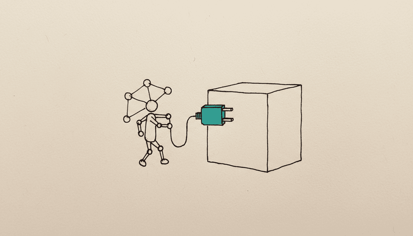 Boceto dibujado a mano: una pequeña figura de flujo de nodos conectados enchufa un cable en un gran bloque, el enchufe está relleno en turquesa.