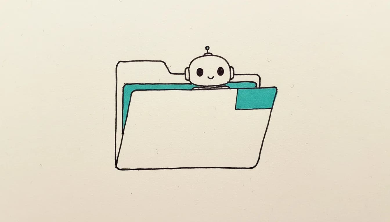 Hand-drawn sketch: a small round assistant head peeking out of an open folder, the folder tab filled in teal.