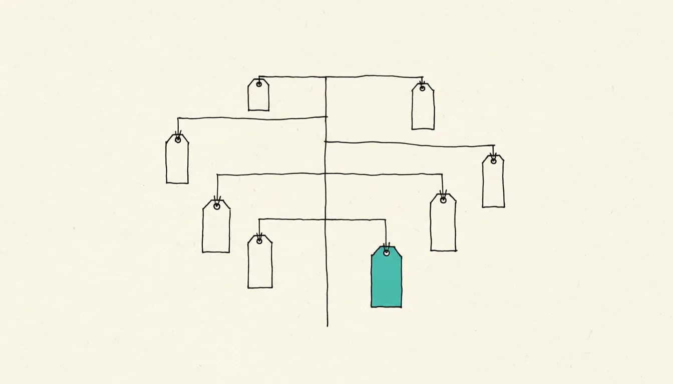 Hand-drawn sketch: a folder tree branches apart into scattered hanging tag labels, one label in teal