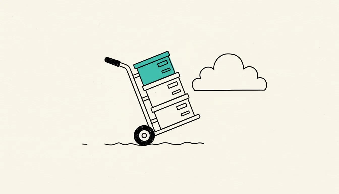 Hand-drawn sketch: a hand truck carrying file boxes toward a cloud, with the top box highlighted