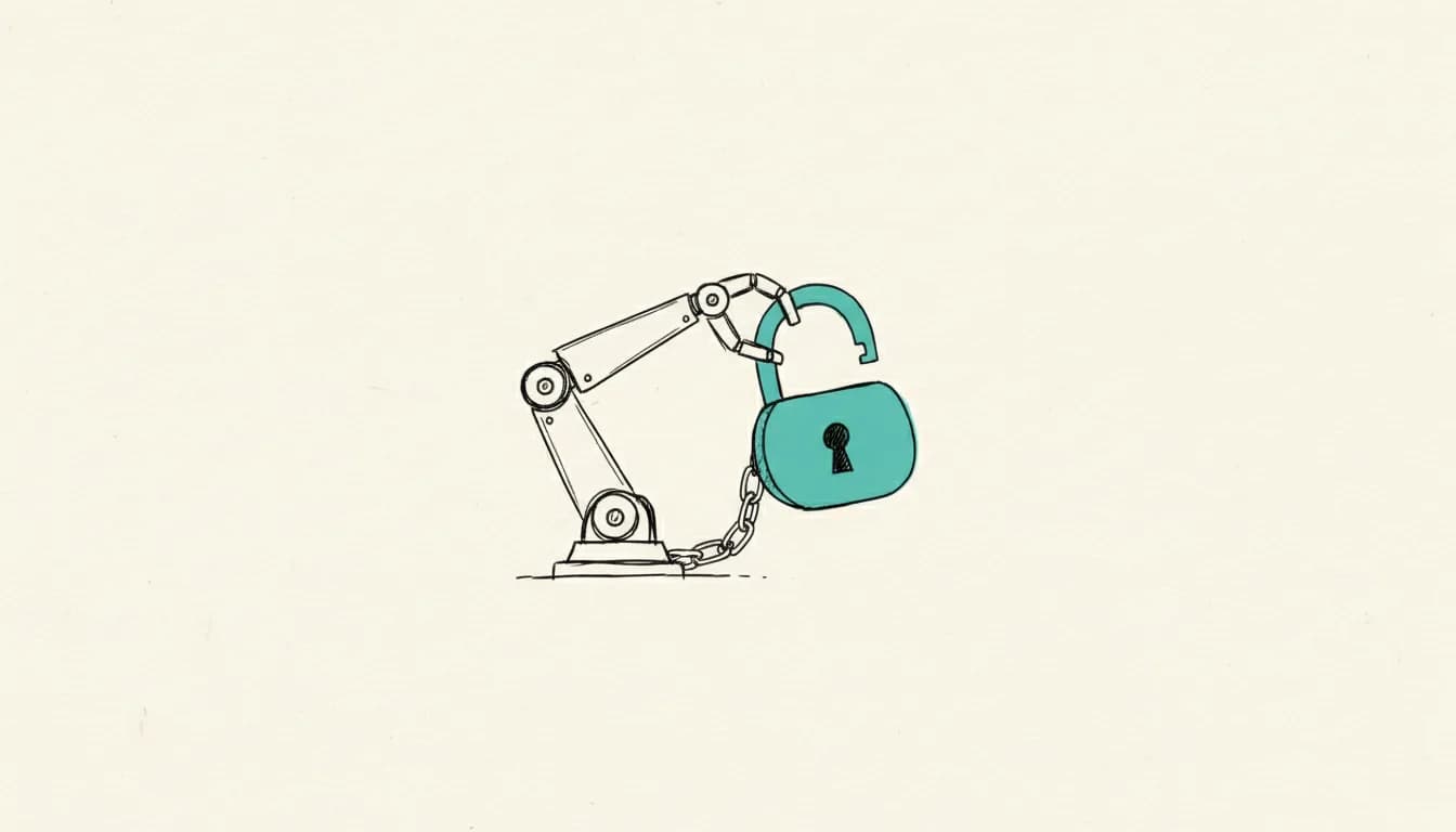 Hand-drawn sketch: a robotic arm holding an open padlock