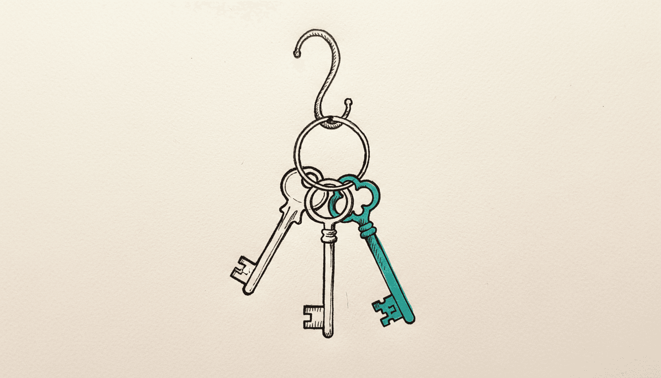 Hand-drawn sketch: a key ring hanging from a hook with one key highlighted