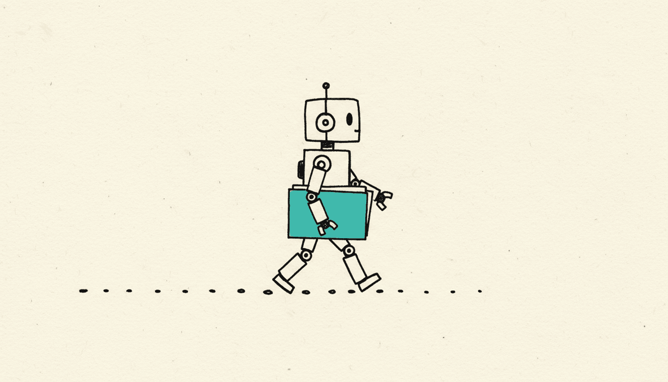Handgezeichnete Skizze: Ein kleiner Roboter läuft selbstständig einer gepunkteten Pfadlinie entlang und trägt dabei eine Dokumentenmappe unter dem Arm, die Mappe ist türkis ausgefüllt.