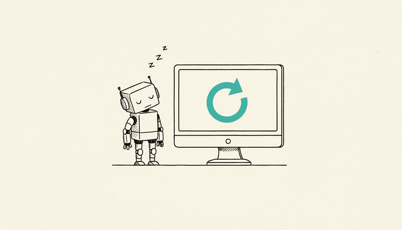 Hand-drawn sketch: a small robot stands motionless with its head hanging next to a screen showing a teal restart arrow.