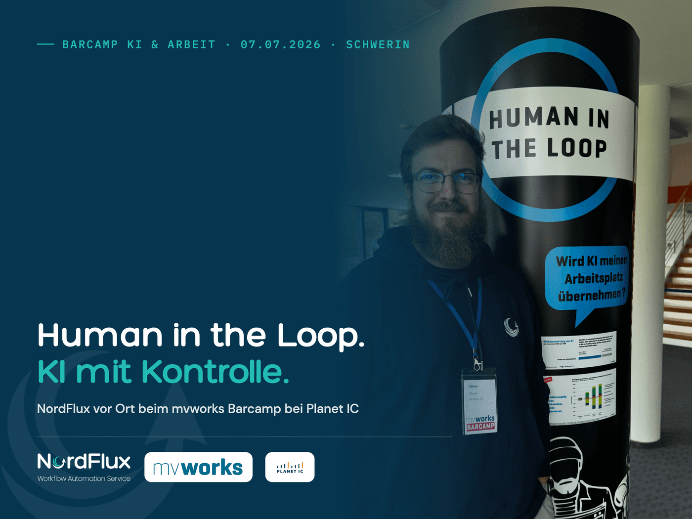 NordFlux beim Barcamp KI & Arbeit bei Planet IC in Schwerin, Simon Glowik am Human-in-the-Loop-Pillar