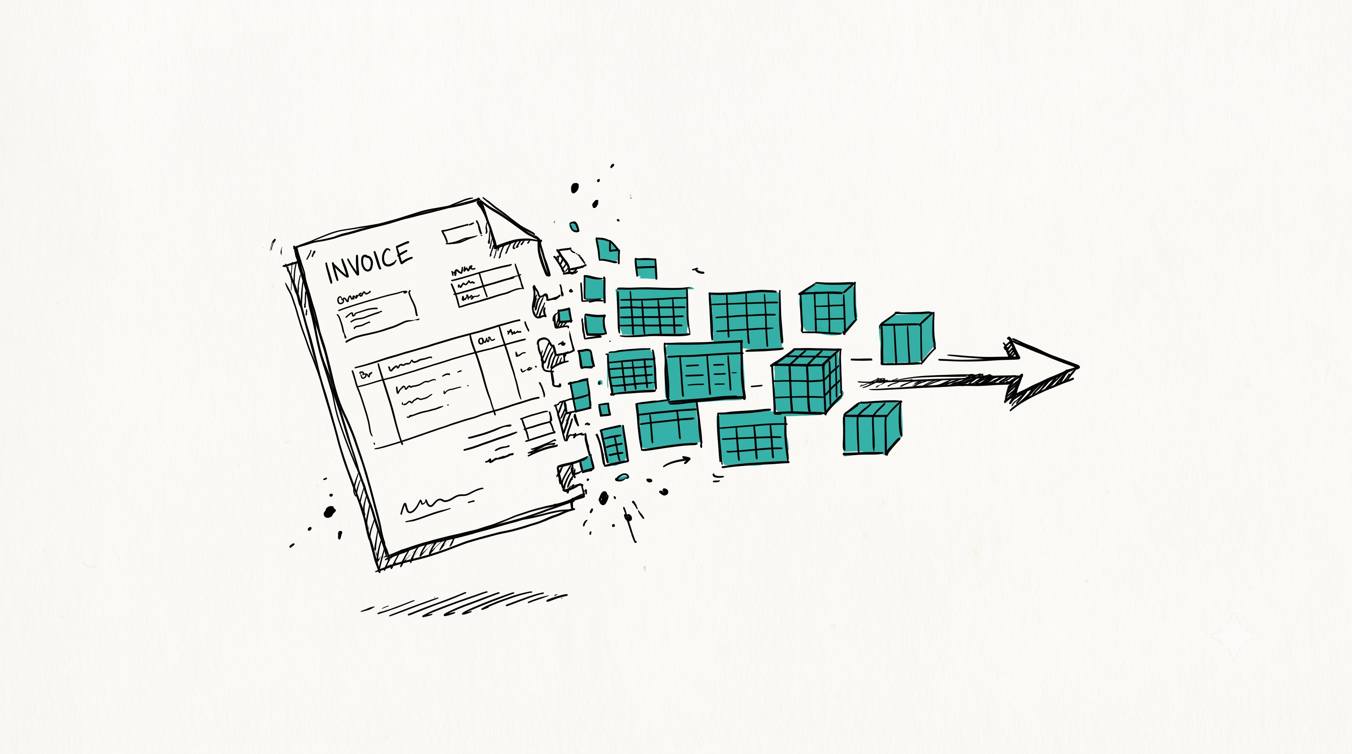 Croquis dessiné à la main : une facture qui se transforme en blocs de données structurées