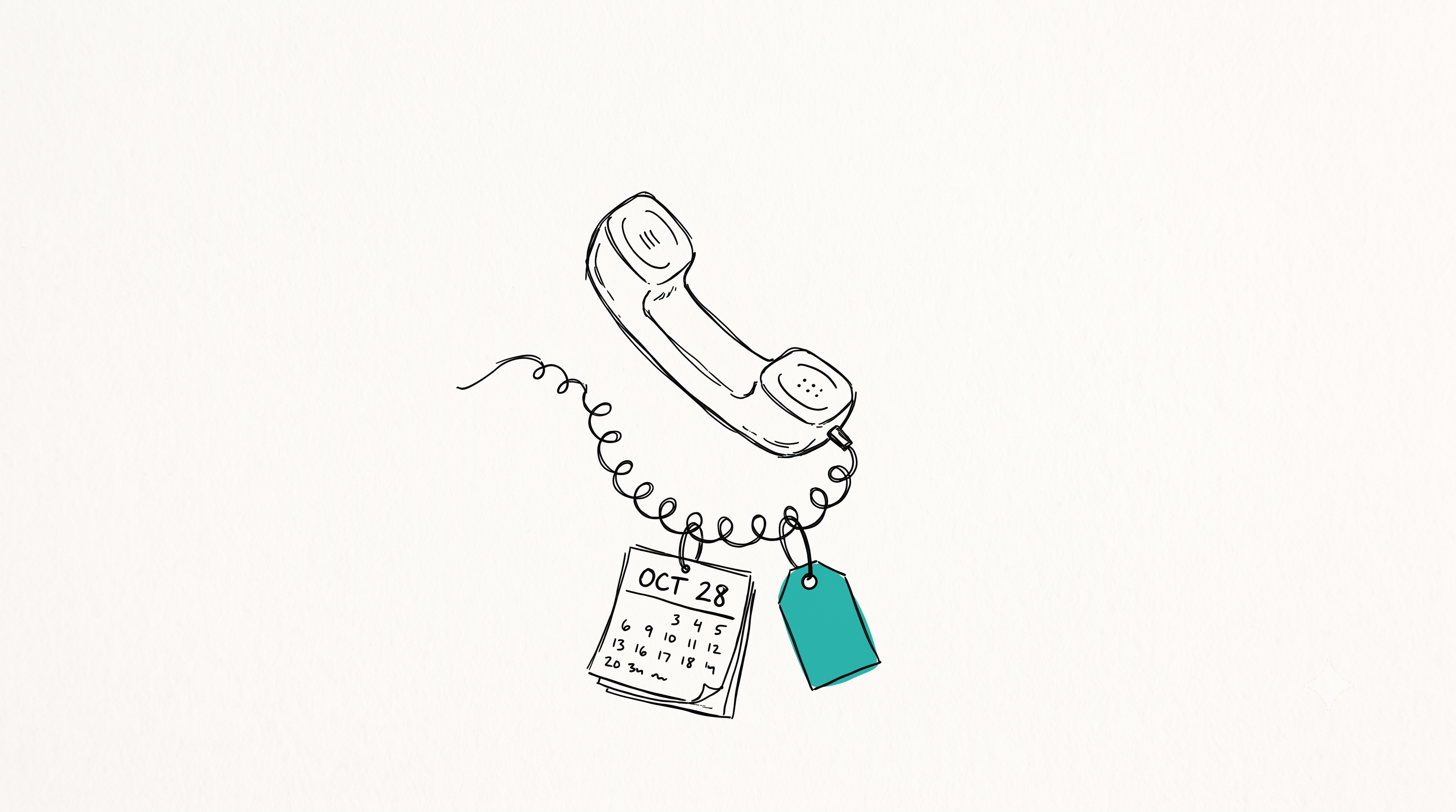 Handgezeichnete Skizze: ein Telefonhörer mit Kalenderblatt und Preisschild