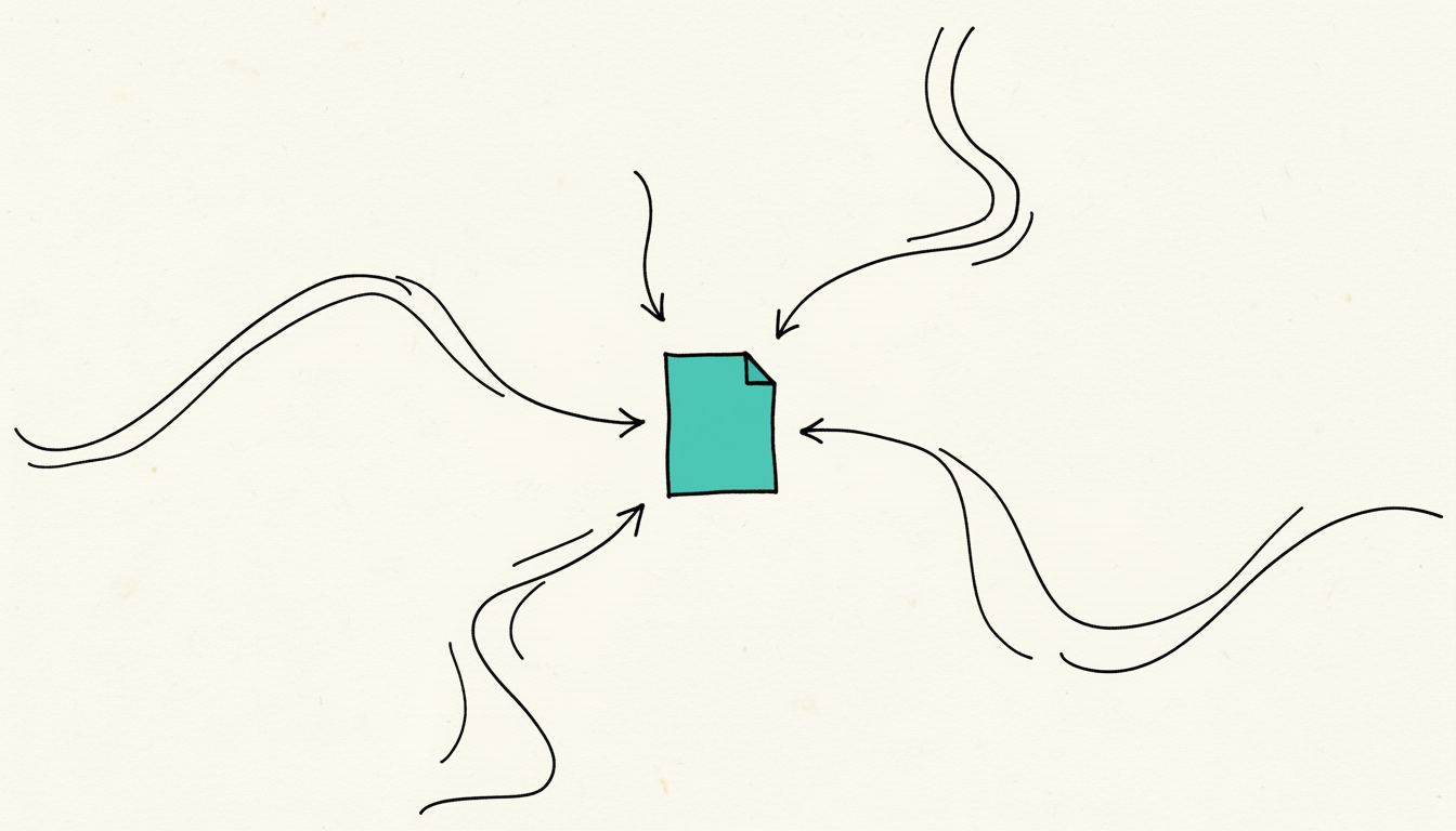 Hand-drawn sketch: Several paths leading to one central document