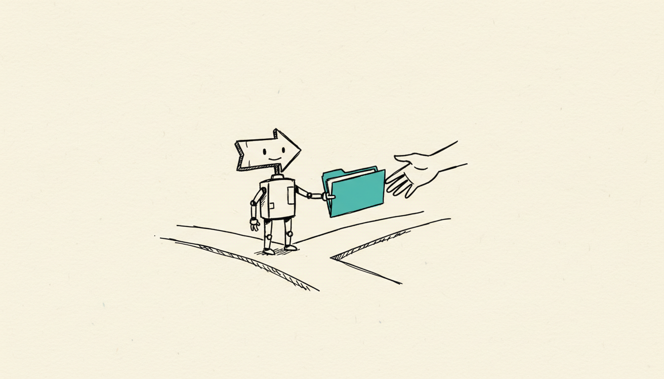 Croquis dessiné à la main : une flèche robotique s'arrête à une bifurcation et tend un dossier à une main