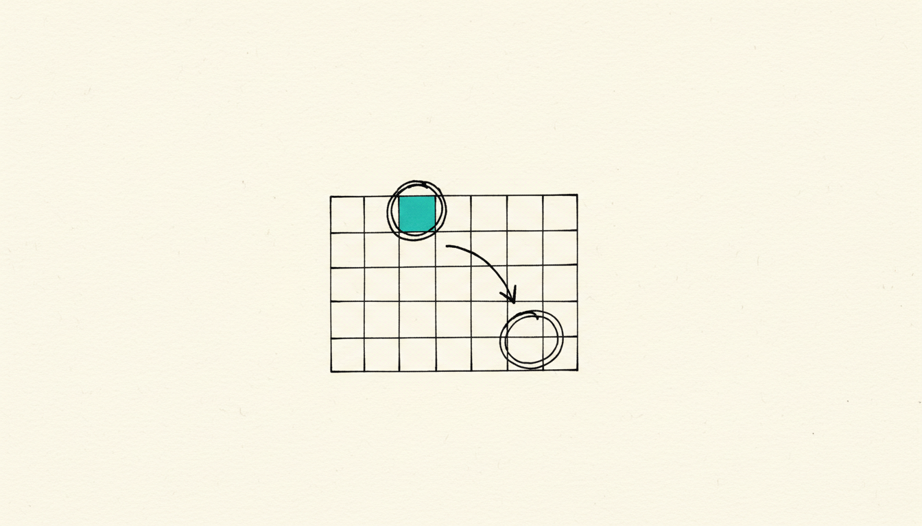 Hand-drawn sketch: a calendar page with one box circled, a second box pushed further back by an arrow