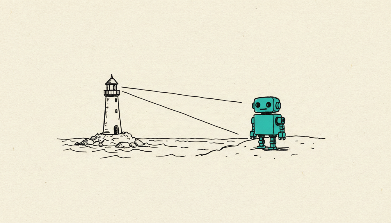 Hand-drawn sketch: A small lighthouse by the water shines its beam on a small robot standing on the shore, the robot filled in teal.