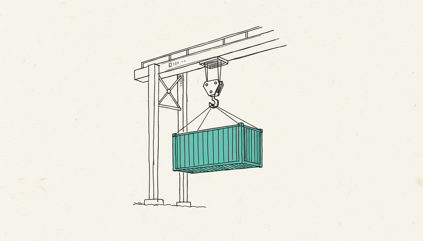 Croquis dessiné à la main : un conteneur maritime soulevé par un crochet de grue