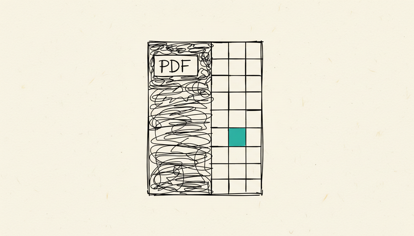 Handgezeichnete Skizze: eine PDF-Seite verwandelt sich in ein strukturiertes Datenraster, ein Kästchen darin ist teal eingefärbt
