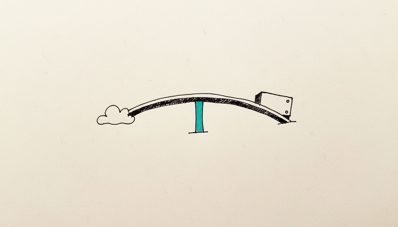 Handgezeichnete Skizze: eine schmale Brücke verbindet eine Wolke mit einem Serverkasten und ruht auf einem einzigen schmalen Pfeiler.