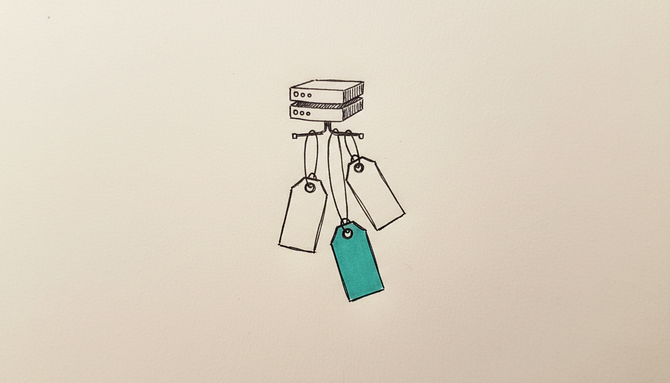 Boceto dibujado a mano: varias etiquetas de precio cuelgan de una caja de servidor y una de ellas, más baja, está rellena en color turquesa.