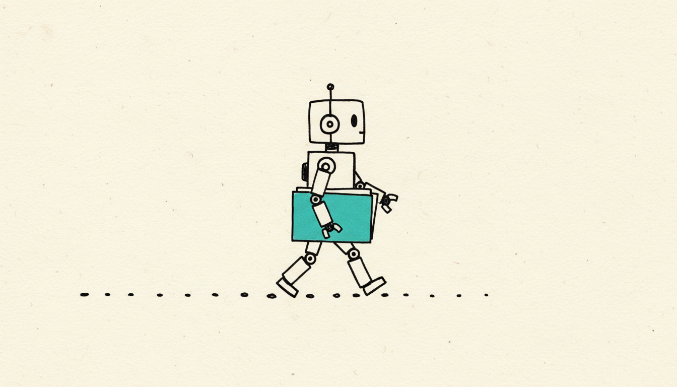 Boceto dibujado a mano: un pequeño robot avanza solo por un camino punteado llevando bajo el brazo una carpeta de documentos rellena en color turquesa.